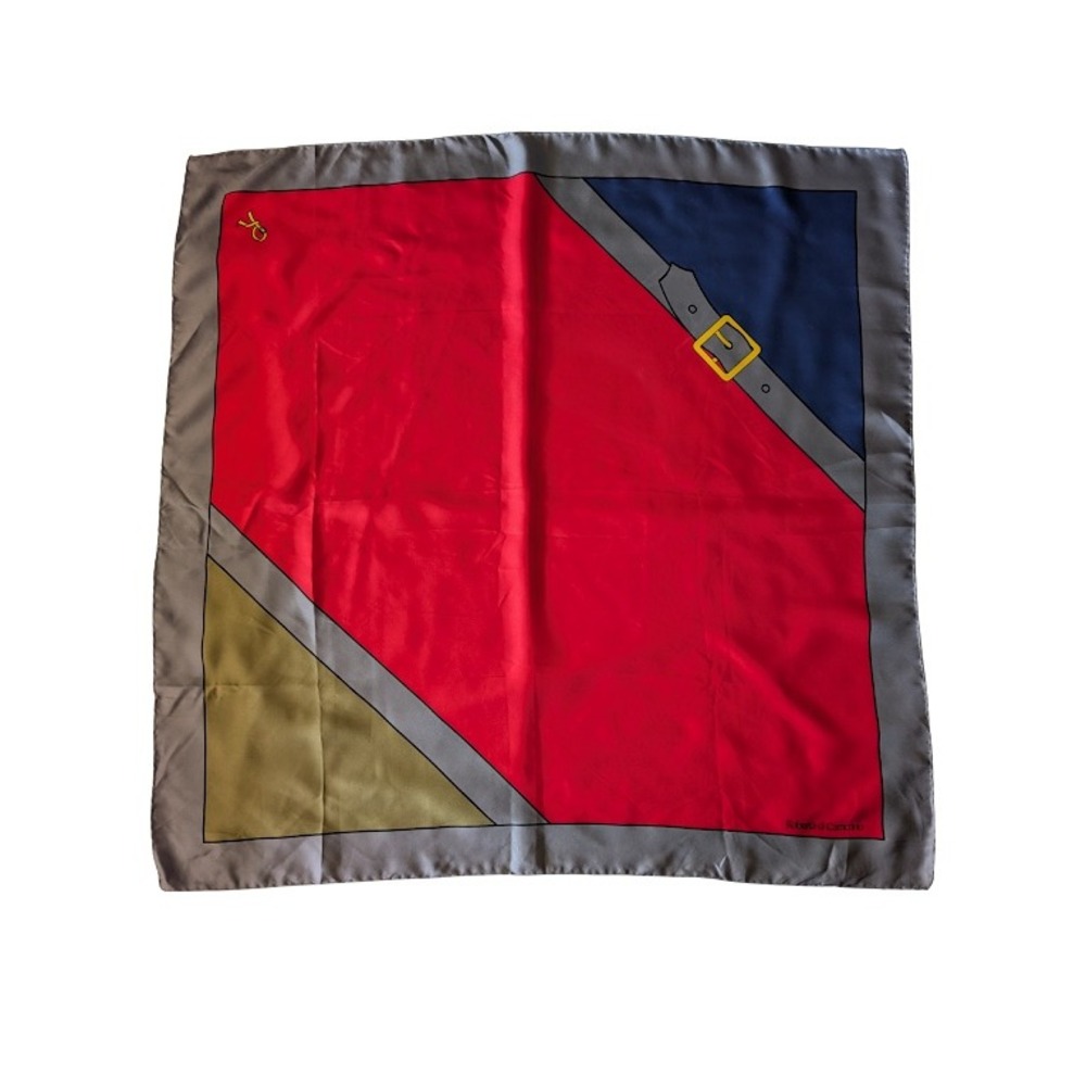 Vintage Roberta di Camerino Red Grey Silk Square Scarf Geometric Belt Motif - Picture 6 of 11